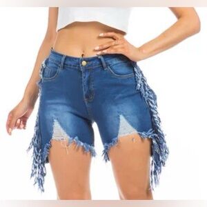 AMERICAN BAZI- Denim Distressed Fringe/Tassel Shorts - Women / Size 2X